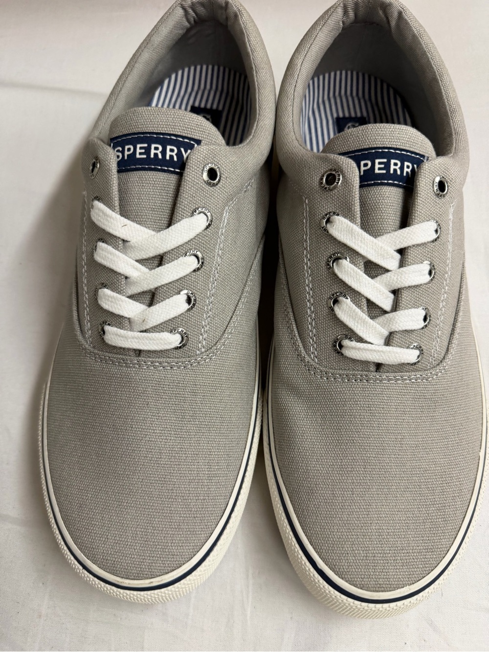 Sperry Men’s Light Gray Canvas Boat Shoes with White Laces